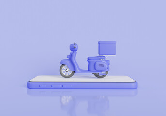 Cartoon minimal delivery service express by scooter. 3d render illustration, online shopping, Tracking courier, motorcycle, delivery design, online shipping, Food delivery. on purple background