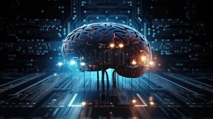 Artificial intelligence technology concept with digital human brain connected to an electronic board