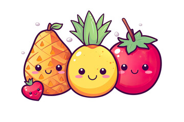 Kawaii beautiful fruits sticker image, in the style of kawaii art, meme art, isolated white background PNG