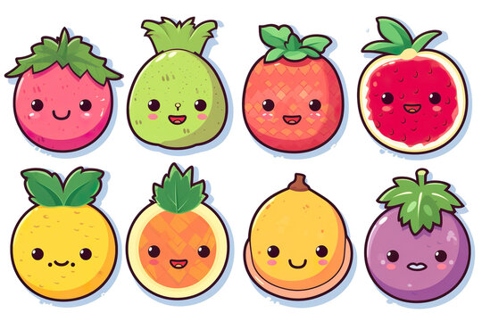 Kawaii beautiful fruits sticker image, in the style of kawaii art, meme art, isolated white background PNG