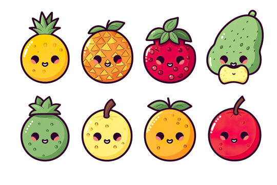 Kawaii beautiful fruits sticker image, in the style of kawaii art, meme art, isolated white background PNG