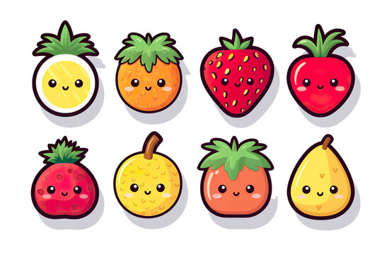 Kawaii beautiful fruits sticker image, in the style of kawaii art, meme art, isolated white background PNG