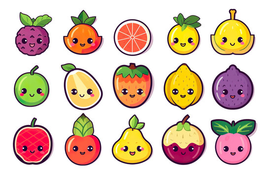 Kawaii beautiful fruits sticker image, in the style of kawaii art, meme art, isolated white background PNG