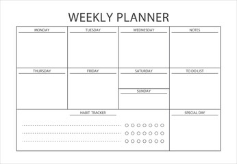 Minimalist printable Weekly planner template. Clear and simple printable Weekly Planner, Weekly Schedule, Weekly Agenda, Weekly Overview, Weekly Organizer. Business organizer page vector illustration