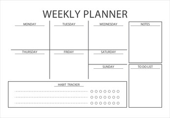 Minimalist Vector Weekly planner template. Clear and simple printable Weekly Planner, Weekly Schedule, Weekly Agenda, Weekly Overview, Weekly Organizer. Business organizer page vector illustration
