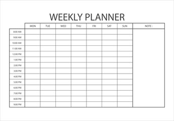 Minimalist Weekly planner whiteboard template. Clear and simple printable Weekly Planner. Blank white notebook page isolated. Business organizer page. Paper sheet. Realistic vector illustration