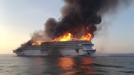 The cruise ship  fire at sea. AI generation - obrazy, fototapety, plakaty