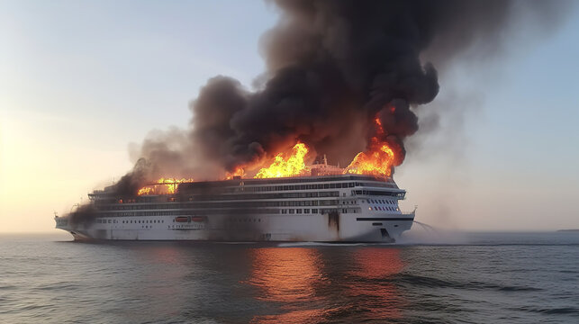 The cruise ship  fire at sea. AI generation