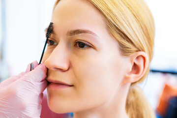 Obraz premium Portrait of a young girl who is combing the hairs on her eyebrows with a black brush. Professional skin care