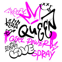 Queen. Urban street graffiti style with splash effects and drops on white background. Vector Illustration. Pink color, for graphic tee, poster, banner, social media © alain_caster