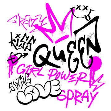 Street black and pink graffiti Queen elements in grunge style a white background. Symbols of feminism. Urban savage spray paint. Install a creative vector teen design for a T-shirt or sweatshirt.