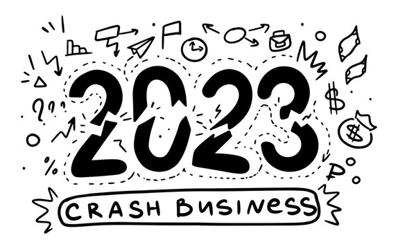 Vector creativity 2023 new year with doodle business icons, drawing charts, graphs, strategy plan. Symbol of stress, fear, struggle in career or business situation. Crash business
