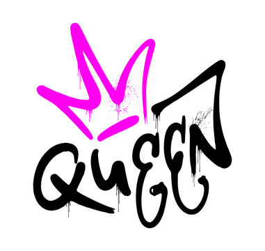 The word Queen on a white background. Black and pink.The crown is a symbol of the feminism, women's rights. Street graffiti. Urban style. Print for T-shirt, sweatshirt, poster. Vector illustration. 