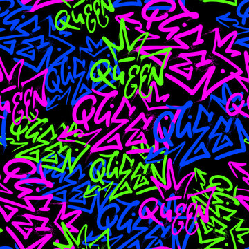 Seamless pattern Queen on the black background. Design for fabrics, textile graphics, prints. Wallpapers with quotes of feminists, girls with power. Urban street graffiti style. Vector illustration.