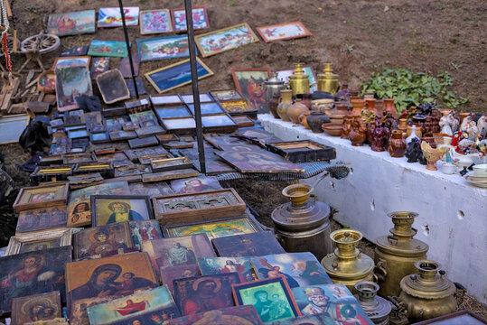 Kropyvnytskyi, Ukraine - Antique Flea market. Selling and buying antiques items and collectables porcelain. Bazaar antiques souvenir. Antiques market selling vintage objects.