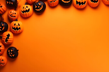 Happy halloween flat lay mockup with pumpkins on orange background. Autumn holiday concept composition. Top view with copy space. Generated ai.