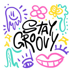 Stay Groovy retro colourful Wallpaper with smile face on the white Background. 90s style. Print for graphic tee, bomber. Vector positive illustration