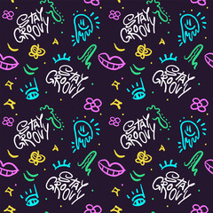 Seamless Pattern Stay Groovy retro 
 Wallpaper Background with smile face. 90s style. Print for graphic tee, bomber. Vector positive illustration