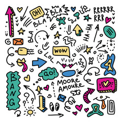 Colourful set of doodle illustrations. The illustrations have elements of doodles, stars, sparkles, hearts, decorations, frames, speech bubbles, arrows. Vector illustration icon set