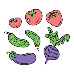 Color vegetables doodle cartoon drawing collection. Vegetable such as cucumber, eggplant, tomato, beet. Hand drawn vector doodle illustrations