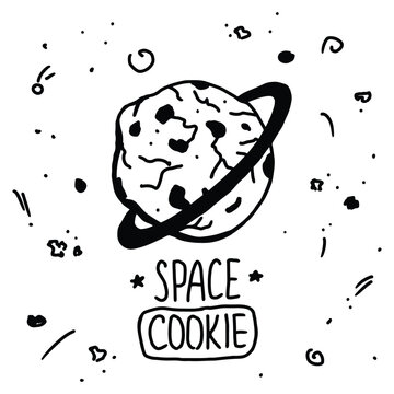 Cartoon chocolate space cookie with doodles. Vector food image with planet