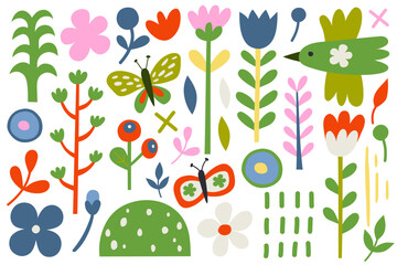 Birds, flowers and rainbow elements, insects, plants elements. Set of nature vector illustration, isolated on white background.