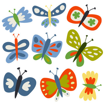 Butterflies, set of insect vector illustration, isolated on white background.