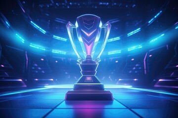 eSports Championship Trophy on Stage with Neon Lights generative AI - obrazy, fototapety, plakaty
