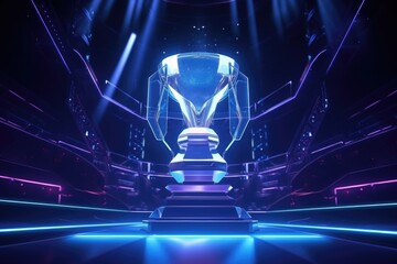 eSports Championship Trophy on Stage with Neon Lights Generative AI - obrazy, fototapety, plakaty