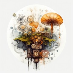 Watercolor steampunk and nature design element on white background Generative AI