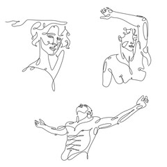 Men line art vector. Continuous one line drawing of man portrait. Muscular man body, Hairstyle. Fashionable men's style.	