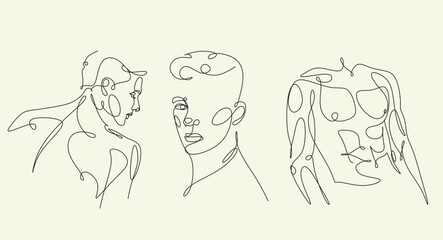 Men line art vector. Continuous one line drawing of man portrait. Muscular man body, Hairstyle. Fashionable men's style.	