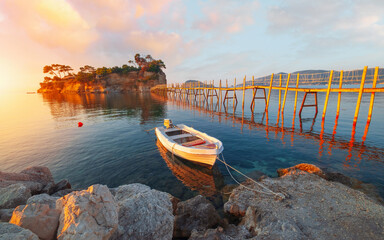 Sunrise at Cameo island, popular tourist spot near Laganas town, Zakynthos island