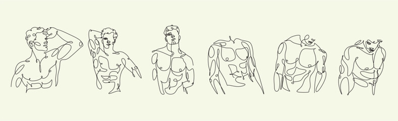 Men line art vector. Continuous one line drawing of man portrait. Muscular man body, Hairstyle. Fashionable men's style.	