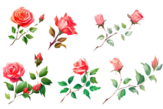 set bracnch of roses in cartoon style for video game isolated on white background, AI