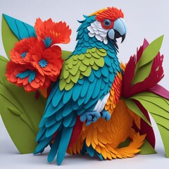A kirigami art AI illustration of a vibrant coloured parrot, sorrounded by tropical flowers fruits and leaves , high resolution sharp crisp details suitable for decorations and graphical resources