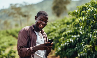 African farmer checking his phone and smiling after the harvest. Agriculture phone technology concept