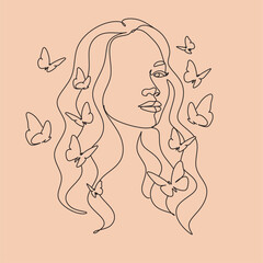 Minimal Line Art Woman with Flowers Poster. One line drawing flower face Art. Flower Face Woman Vector	
