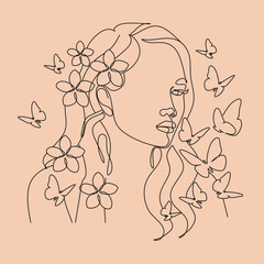 Minimal Line Art Woman with Flowers Poster. One line drawing flower face Art. Flower Face Woman Vector	
