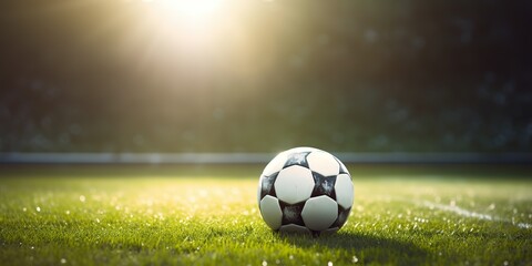 Fototapeta premium AI Generated. AI Generative. Soccer football ball on green grass field stadium. Sport game motivational promotion inspirational poster decoration. Graphic Art