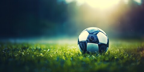 Naklejka premium AI Generated. AI Generative. Soccer football ball on green grass field stadium. Sport game motivational promotion inspirational poster decoration. Graphic Art