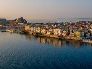 Fototapeta na wymiar Beautiful view of corfu town by drone in sunrise 