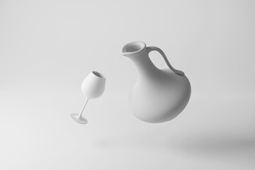 White wine jug and wine glass floating in mid air on white background in monochrome and minimalism. Illustration of the concept of party and alcoholic drinks