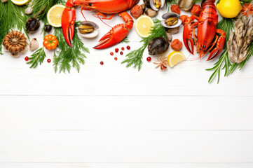 Lobster and shellfish with copy space on a white background