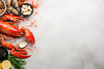 Lobster and shellfish with copy space on a white background