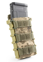 Military pouch in pixel camouflage with bullet magazine inside on white background. Military...