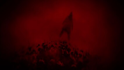 Dark silhouette stands on top a mountain of skulls and bones. Scary 2D animation. Horror fantasy genre. Abstract video clip. Blur effects and camera shake. Red and black background for Halloween.