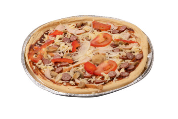 Tasty pizza with salami, sausages, cheese, onions and sauce.