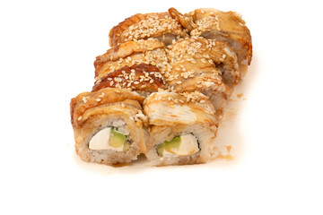 Sushi with cream cheese and eel isolated on white background.