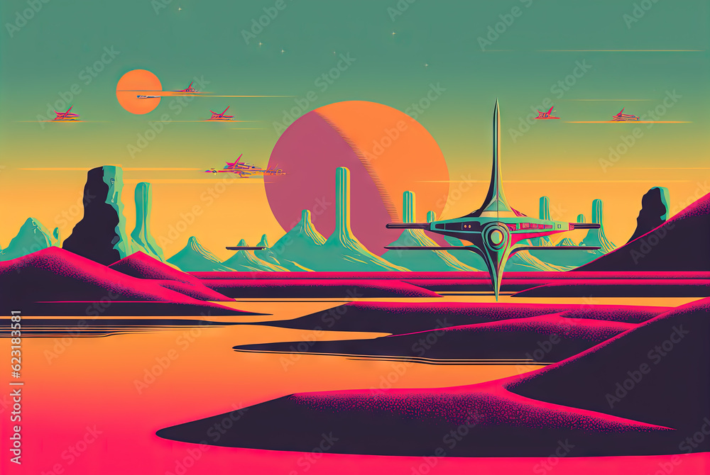 Poster retro styled sci-fi landscape with mountains. retro futuristic science fiction illustration in drawi